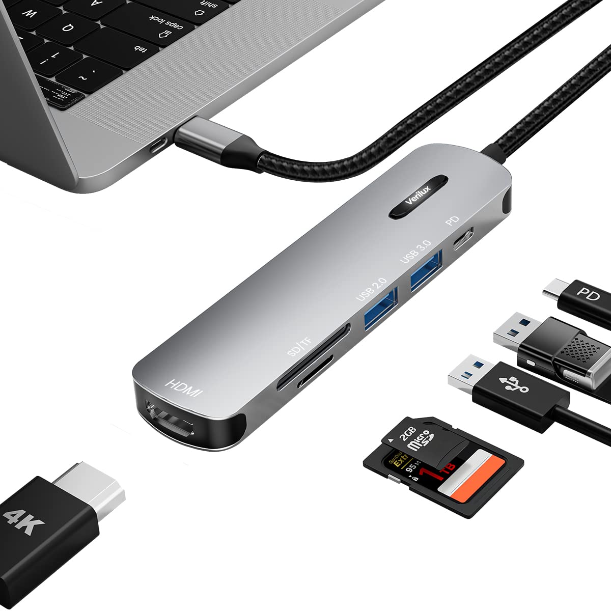 Verilux USB C HUB 6 in 1 USB C to HDMI Adapter 4K@30Hz, 3.0/2.0 USB Adapter Multiple Port, SD/TF Card Reader, PD 100W Charging Port USB Type C Hub for Laptop, MacBook Pro Air USB Hub Long Cable 20CM Verilux USB C HUB 6 in 1 USB C to HDMI Adapter 4K@30Hz, 3.0/2.0 USB Adapter Multiple Port, SD/TF Card Reader, PD 100W Charging Port USB Type C Hub for Laptop, MacBook Pro Air USB Hub Long Cable 20CM